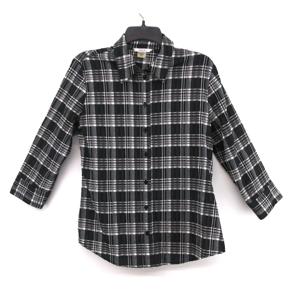 ALIA Shirt Women Size 8 Black Plaid Textured Button Up Casual Top